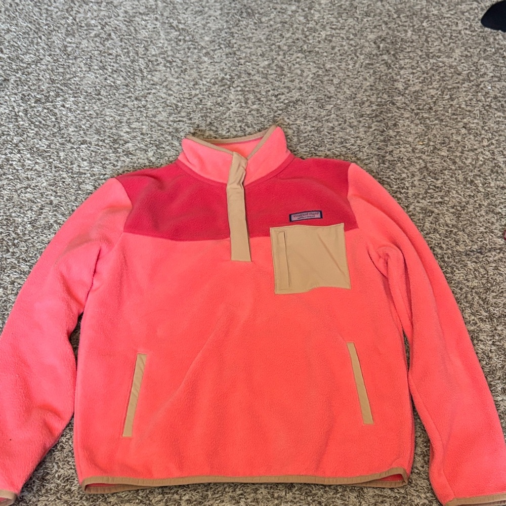 Vineyard Vines Coral and Beige Fleece Pullover